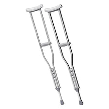 Pair of adjustable aluminum crutches with gray grips and rubber tips for mobility support