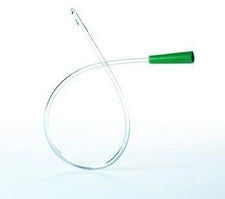 Sterile medical catheter with green funnel tip on white background