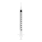 Sterile medical syringe with fine needle and clear measurement markings on white background