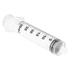 30ml clear plastic medical syringe with measurement markings on white background