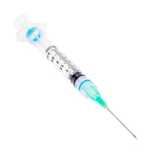 Disposable medical syringe with clear barrel and green needle on white background