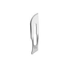 Stainless steel surgical scalpel blade size 20 on white background, medical supply