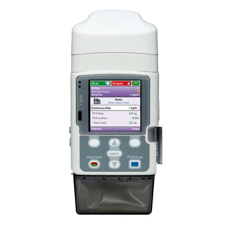 IV PCA pump for morphine delivery, displaying dosage settings and controls for home or clinical use