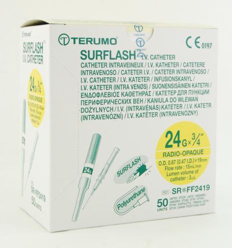Catheter IV Surflash 24g X 3/4in Polyurethane Yellow Box of 50