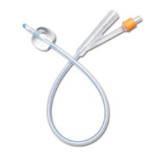 Sterile latex Foley catheter with balloon, used for urinary drainage, on white background