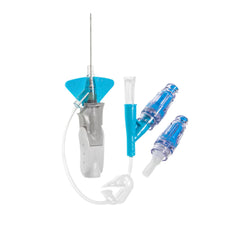 IV catheter set with needle and blue connectors for medical infusion or fluid therapy