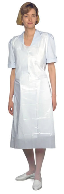 Woman wearing white disposable medical gown for home care or healthcare settings