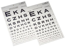Two eye chart sheets for vision testing with black letters in descending size order