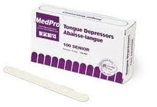 Box of MedPro wooden tongue depressors with one tongue depressor displayed in front
