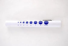 White medical pupil gauge pen with blue measurement circles, tool for eye exams or assessments