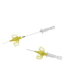 Disposable IV catheters with yellow wings and needle, medical supply on white background