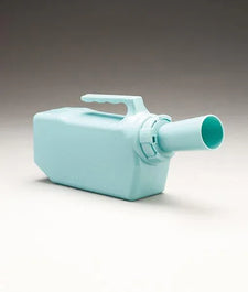 Light blue plastic male urinal bottle with handle for home care or medical use