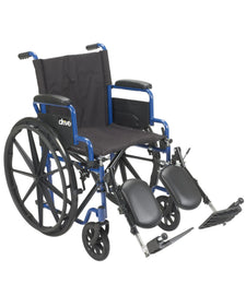 Lightweight blue wheelchair with elevating leg rests and large rear wheels for mobility aid