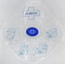 CPR face shield with blue one-way valve and illustrated rescue instructions