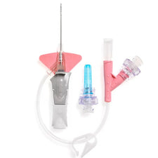 IV catheter set with safety needle, tubing, and pink and blue connectors, for medical use