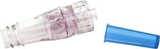 Clear medical IV connector with blue protective cap for infusion therapy
