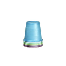 Stack of assorted color disposable plastic cups on white background, ideal for medical or care use