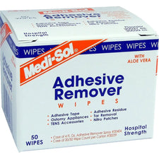Medi-Sol adhesive remover wipes box, hospital strength, with aloe vera, 50 wipes