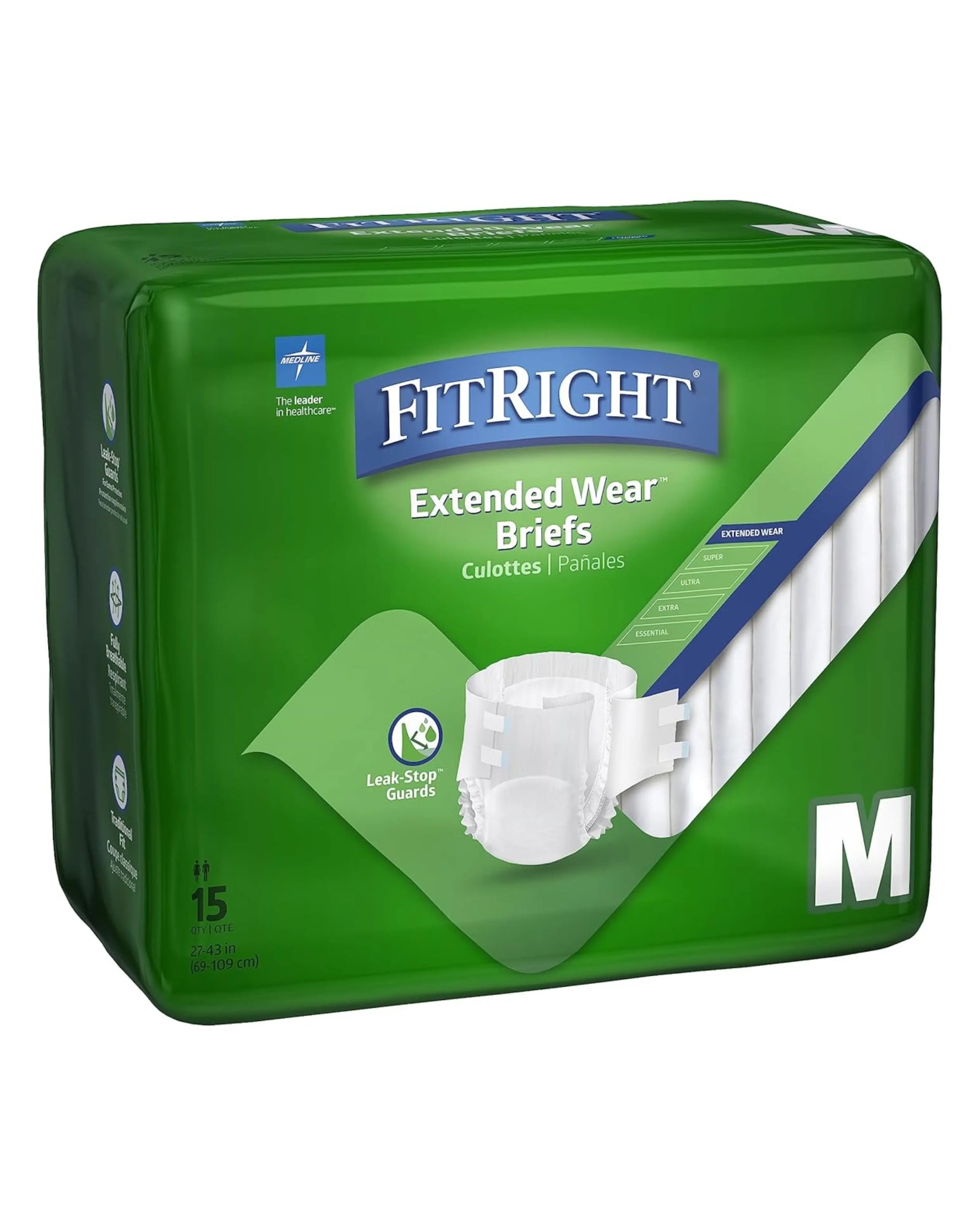 FitRight Extended Wear adult briefs medium, leak protection, pack of 15, green packaging
