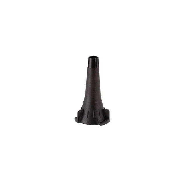 Black plastic otoscope speculum tip for medical diagnostic use, isolated on white background