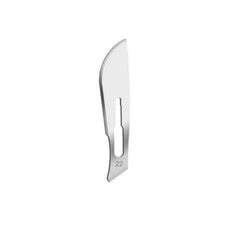 Stainless steel surgical scalpel blade size 22 on white background for medical use