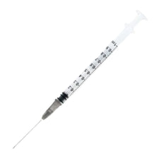 Sterile medical syringe with clear barrel and measurement markings on white background