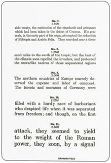 Close-up of a printed text page with large black text and numbered distance labels on a white background, featuring different text sizes for vision testing or reading clarity assessment.