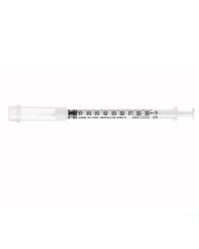Insulin syringe with clear barrel, fine measurement markings, and protective cap