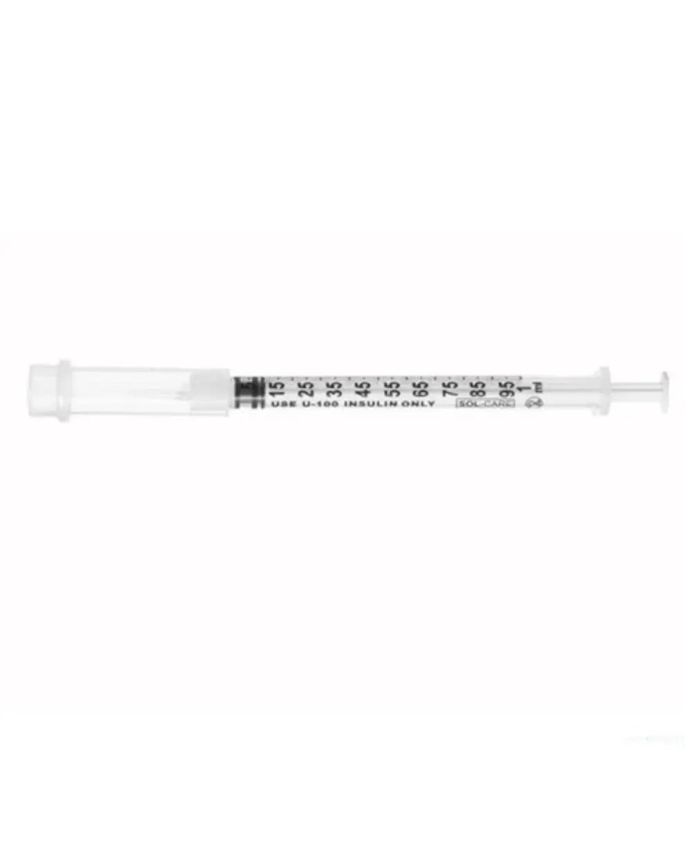 U-100 insulin syringe with clear barrel and measurement markings, medical supply