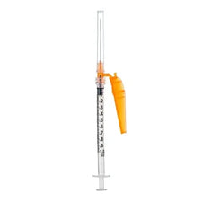 1 mL syringe with needle and orange safety shield, medical injection supply