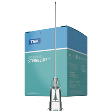 Sterile medical cannula with blunt tip in front of TSK SteriGlide packaging