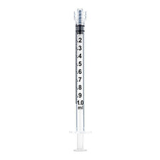 1ml clear medical syringe with black measurement markings, luer lock tip, isolated on white background