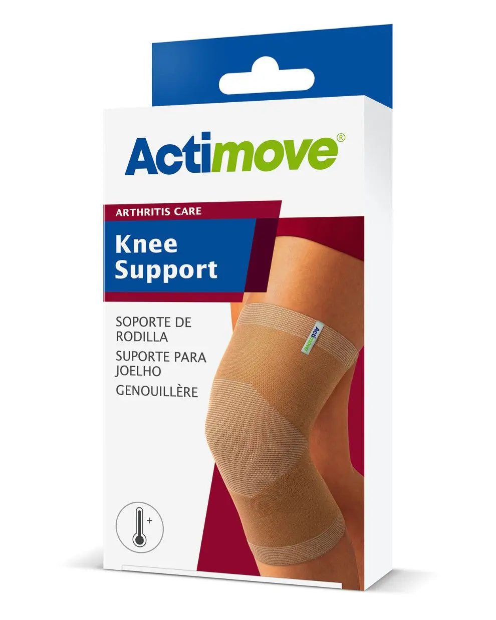 Actimove arthritis care knee support packaging showing a beige knee brace on a leg