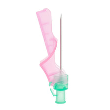 IV catheter with pink safety shield and green hub for medical use, isolated on white background