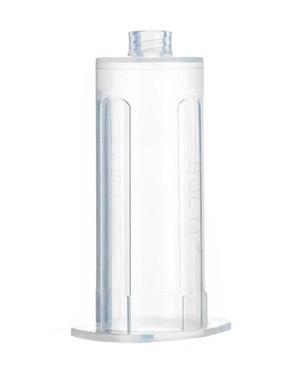 Clear plastic medical container with screw top, isolated on white background.