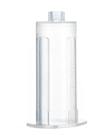 Clear plastic medical container with screw top, isolated on white background.