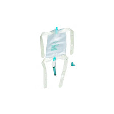 Leg urine drainage bag with adjustable white straps and blue drain valve for home care