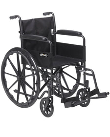 Lightweight black manual wheelchair with footrests and large rear wheels