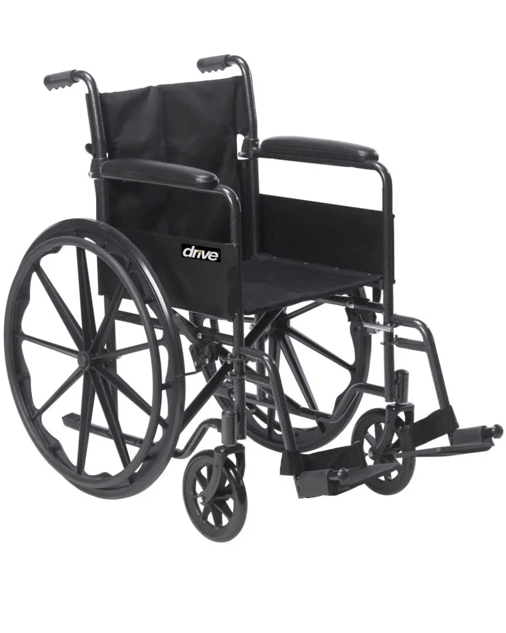 Lightweight black manual wheelchair with footrests and armrests, mobility aid