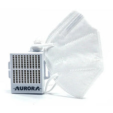White KN95 face mask with Aurora-branded filter block, home care respiratory PPE