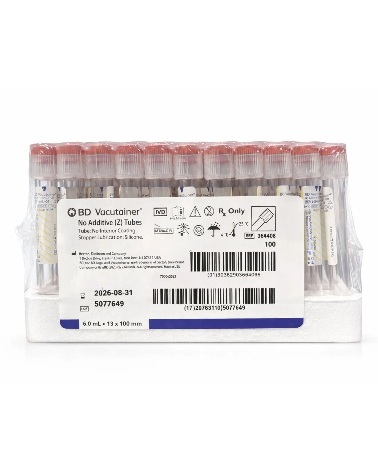 BD Vacutainer No Additive (Z) Plus Tubes 6mL | 100/Box | 366408