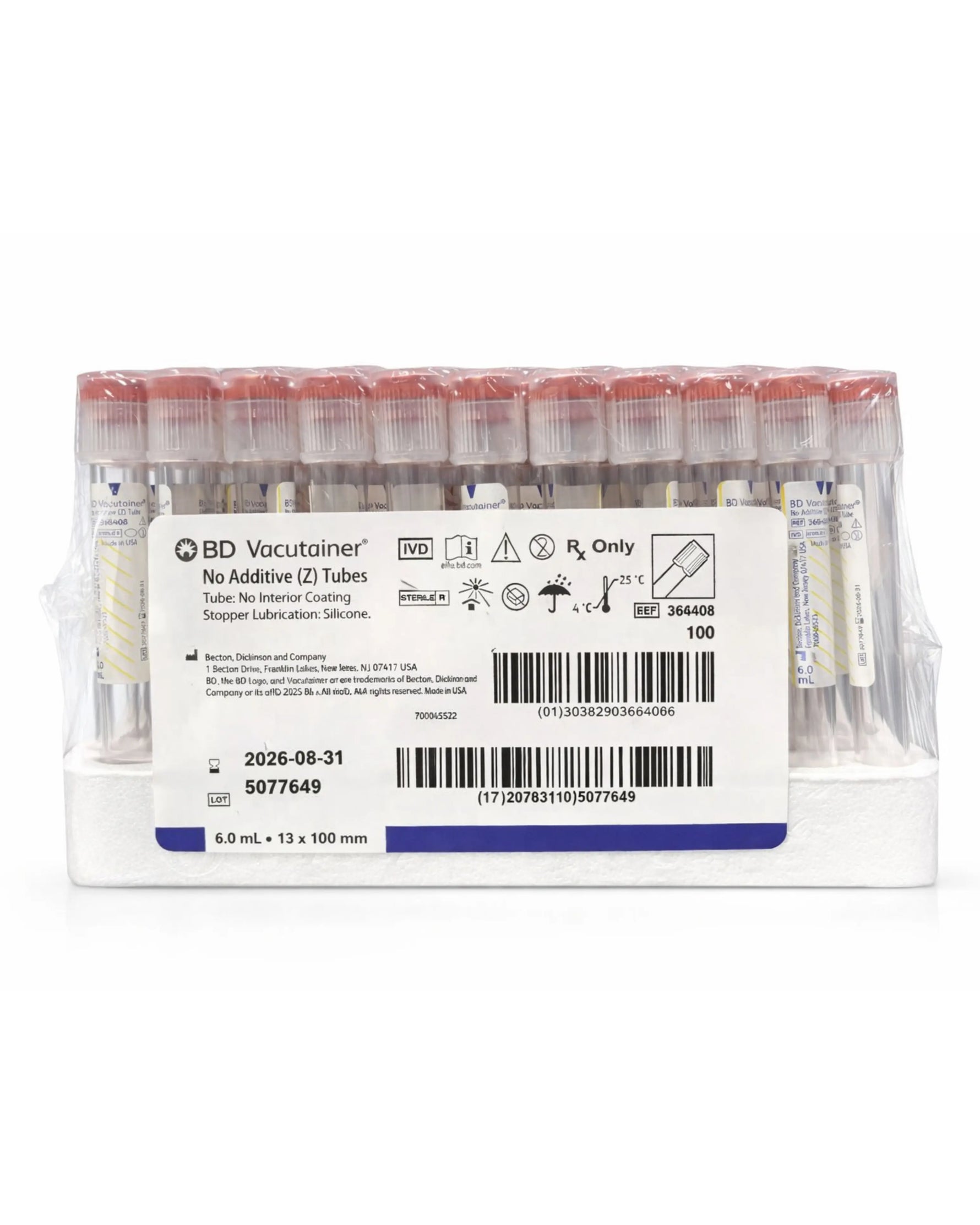 BD Vacutainer No Additive (Z) Plus Tubes 6mL | 100/Box | 366408