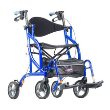 Lightweight blue transport wheelchair rollator with four wheels and footrests for mobility assistance