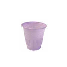 Purple disposable plastic medicine cup on white background