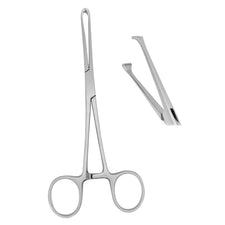 Stainless steel medical forceps with serrated tips on white background, surgical instrument