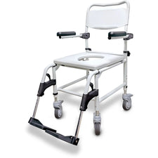Rolling shower commode chair with open seat, armrests, footrests, and locking wheels for home care.