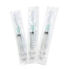 Sterile disposable syringes with needles in individual medical packaging
