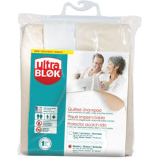 UltraBlok quilted waterproof underpad packaging, ideal for bed and furniture protection