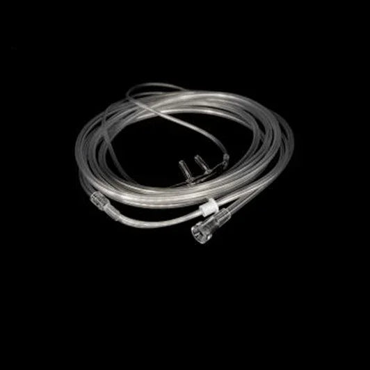 Clear oxygen nasal cannula tubing for respiratory care on black background