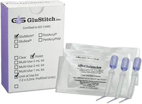 GluStitch wound closure kit with box, sterile ampoules, and medical packaging